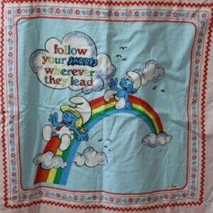 Vintage Peyo Smurf Rainbow Baby Blanket 32x42 Rare Cartoon Collectible